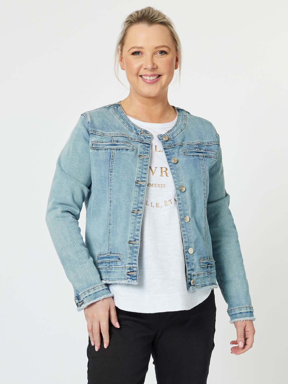 Collarless Denim Jacket