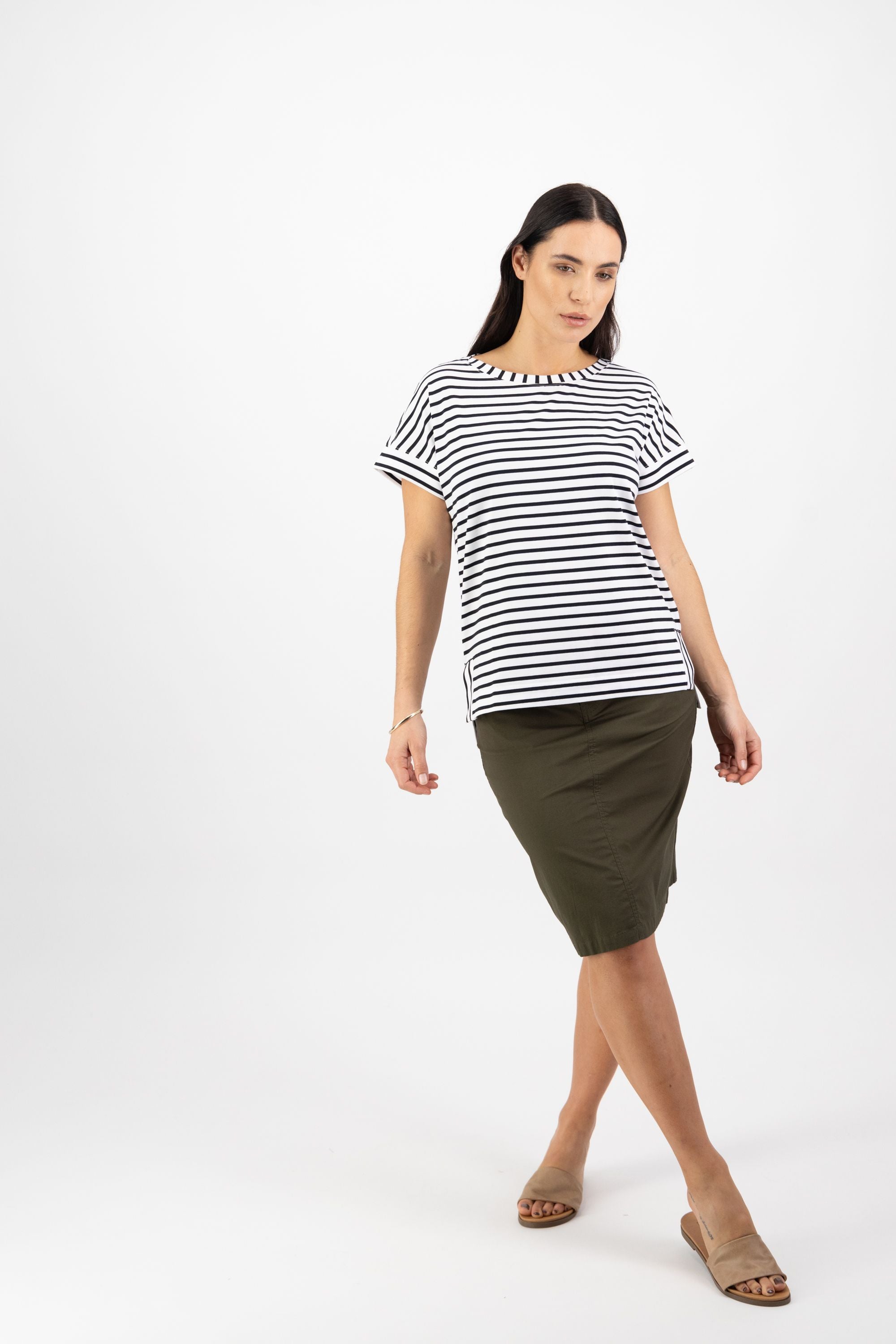 STRIPEY Drop Sleeve Top with Stepped Hem